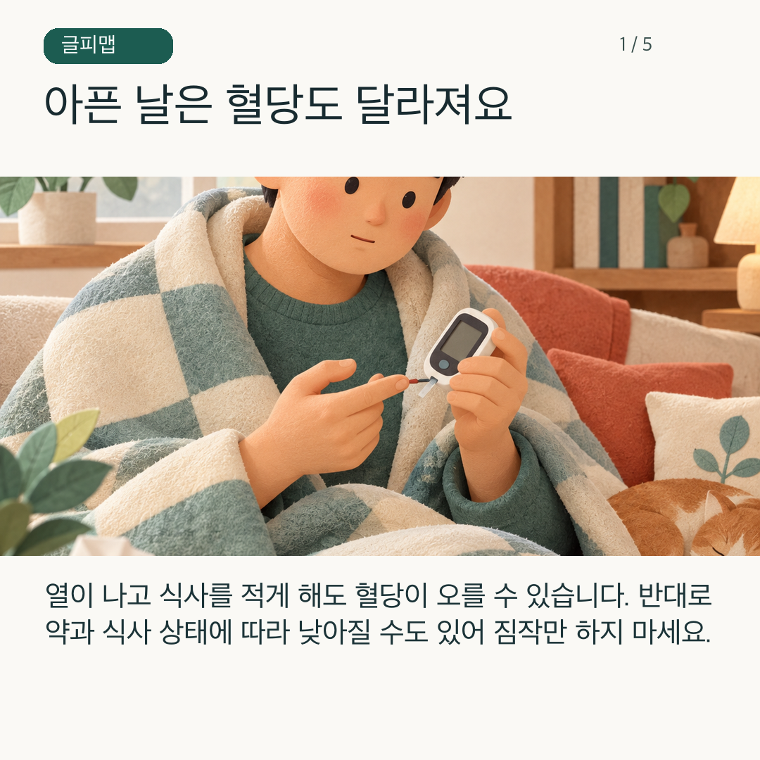 열이 나는 환자가 혈당측정기를 확인하는 그림