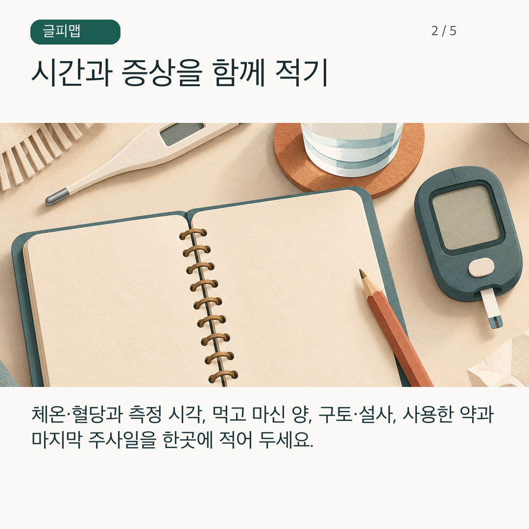체온계와 혈당 기록장을 함께 보여 주는 그림