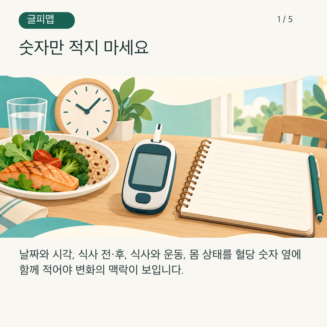 가정혈당 수첩과 측정기를 함께 보여 주는 그림