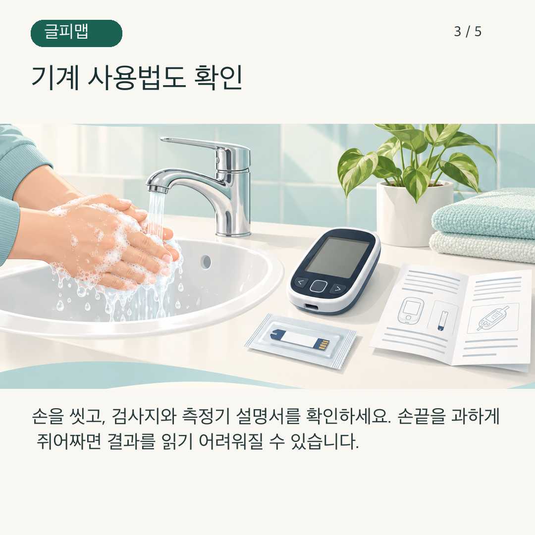 손 씻기와 혈당측정기 설명서 확인을 나타낸 그림