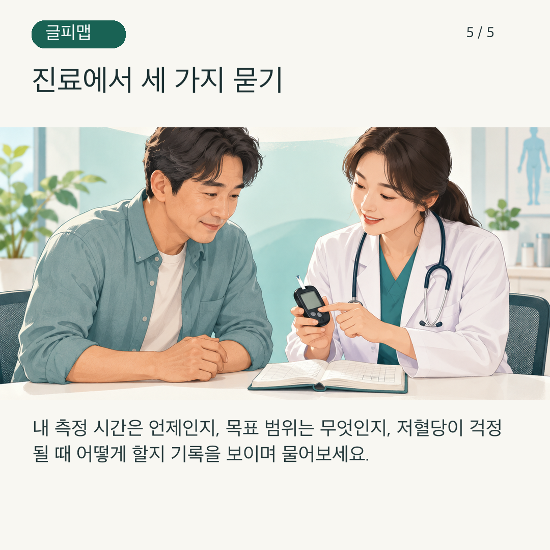 환자가 혈당 기록을 의료진과 함께 확인하는 그림