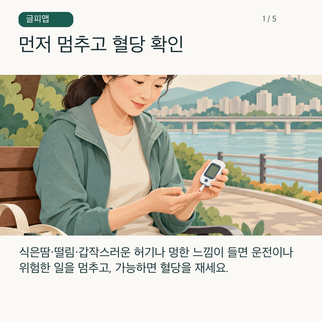 혈당측정기를 보며 안전한 자리에 앉은 사람 그림