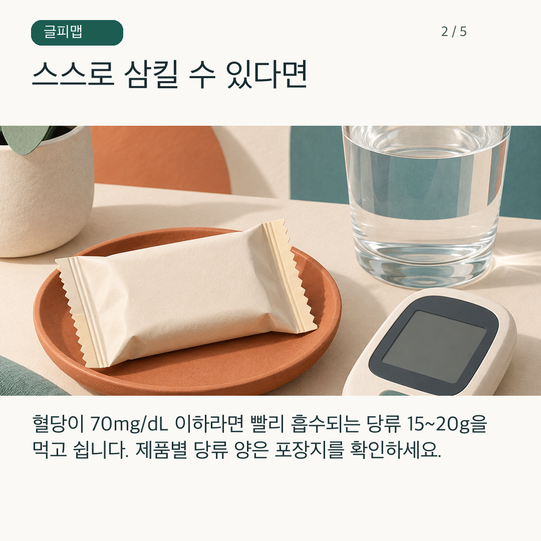당류 표시가 있는 응급식품과 혈당 기록 그림