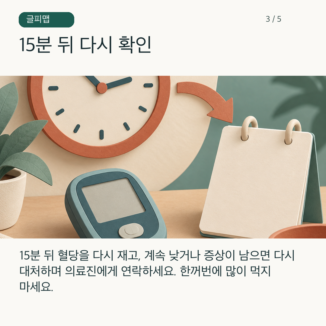 시간 경과와 혈당 재확인을 나타낸 시계와 측정기 그림