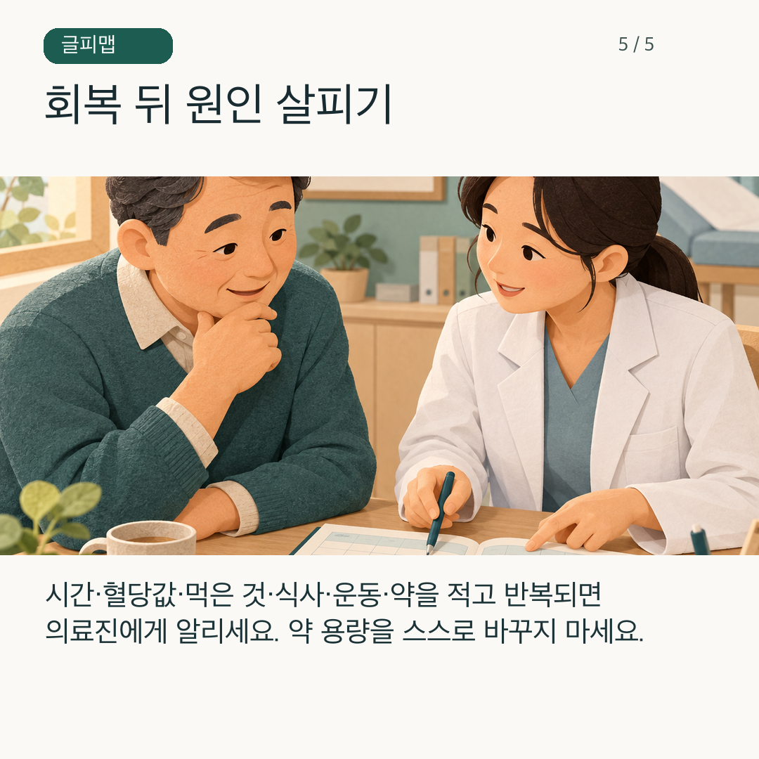 환자와 의료진이 저혈당 기록을 함께 살펴보는 그림