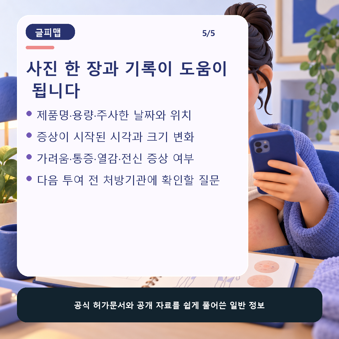 주사 부위 사진과 제품명 날짜 기록