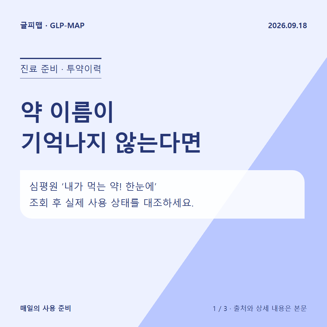 진료 준비 · 투약이력: 약 이름이 기억나지 않는다면: 심평원 ‘내가 먹는 약! 한눈에’ 조회 후 실제 사용 상태를 대조하세요.
