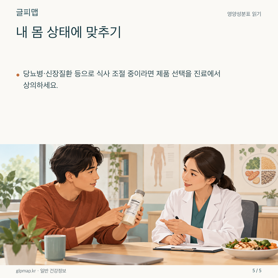 환자가 음료 성분표를 들고 의료진과 상담하는 그림