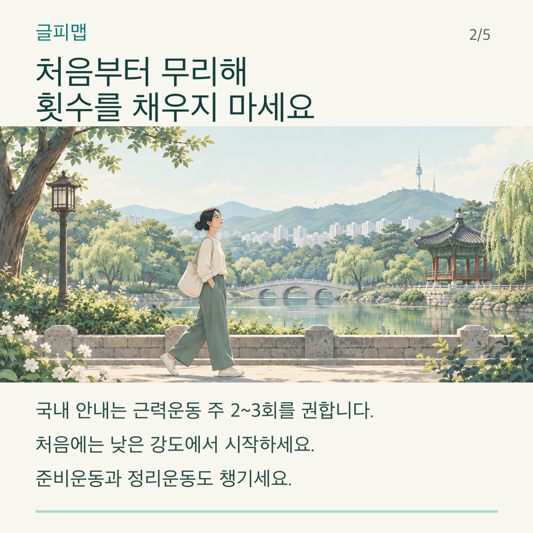 걷기와 가벼운 근력운동을 단계적으로 시작하는 그림