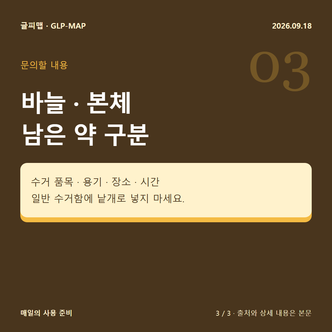 문의할 내용: 바늘 · 본체 남은 약 구분: 수거 품목 · 용기 · 장소 · 시간 일반 수거함에 낱개로 넣지 마세요.