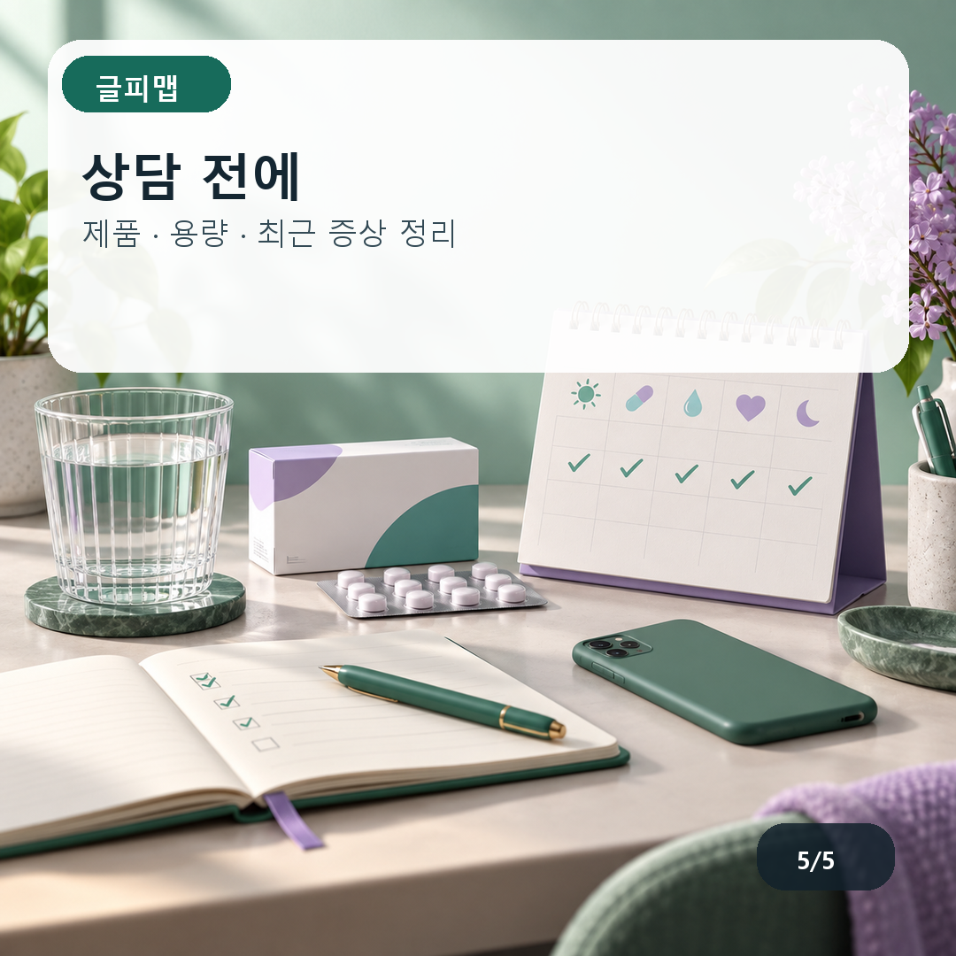 상담 전에. 제품 · 용량 · 최근 증상 정리