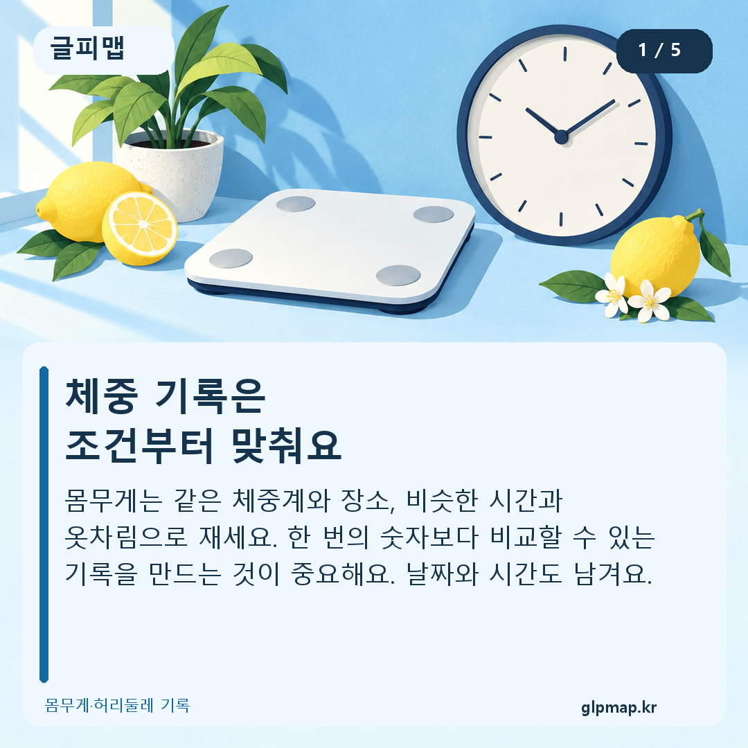 체중 기록은
조건부터 맞춰요. 몸무게는 같은 체중계와 장소, 비슷한 시간과 옷차림으로 재세요. 한 번의 숫자보다 비교할 수 있는 기록을 만드는 것이 중요해요. 날짜와 시간도 남겨요.