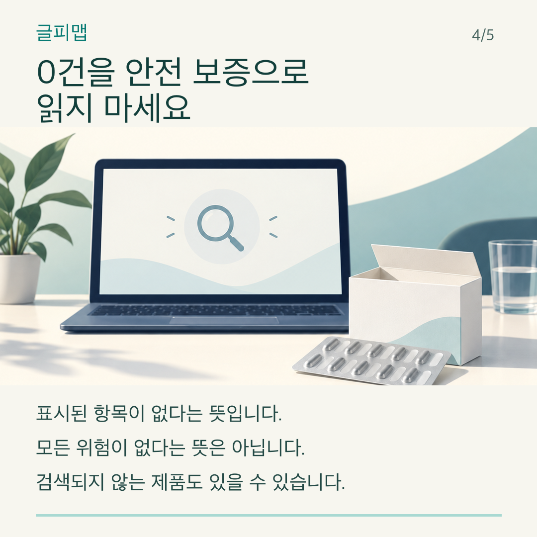 결과 0건 화면과 실제 약 상자를 함께 확인하는 그림