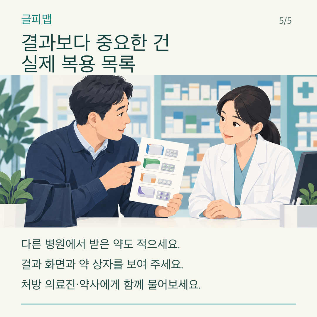 약 목록을 의료진과 함께 검토하는 그림