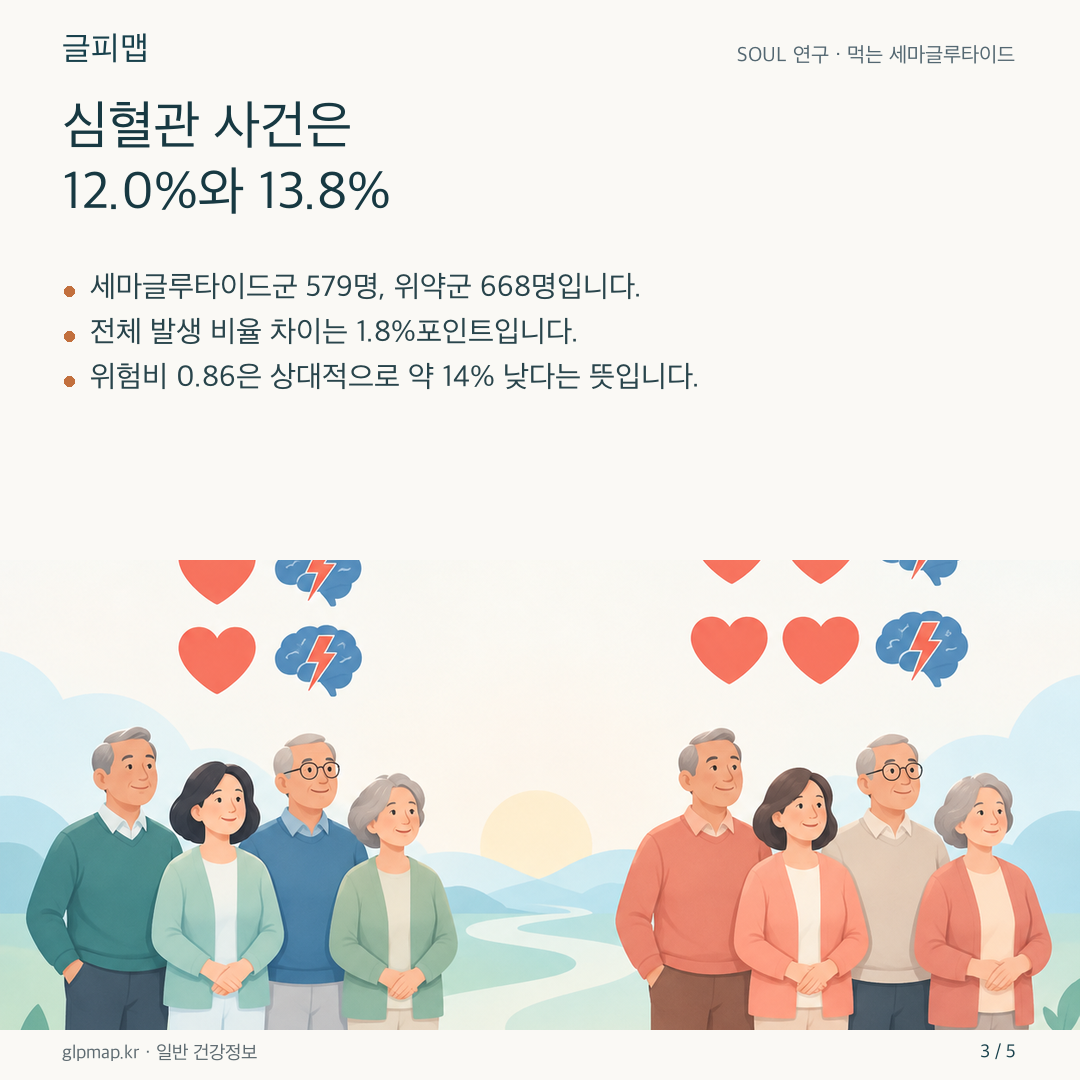 두 연구군의 심혈관 사건 발생을 비교하는 그림