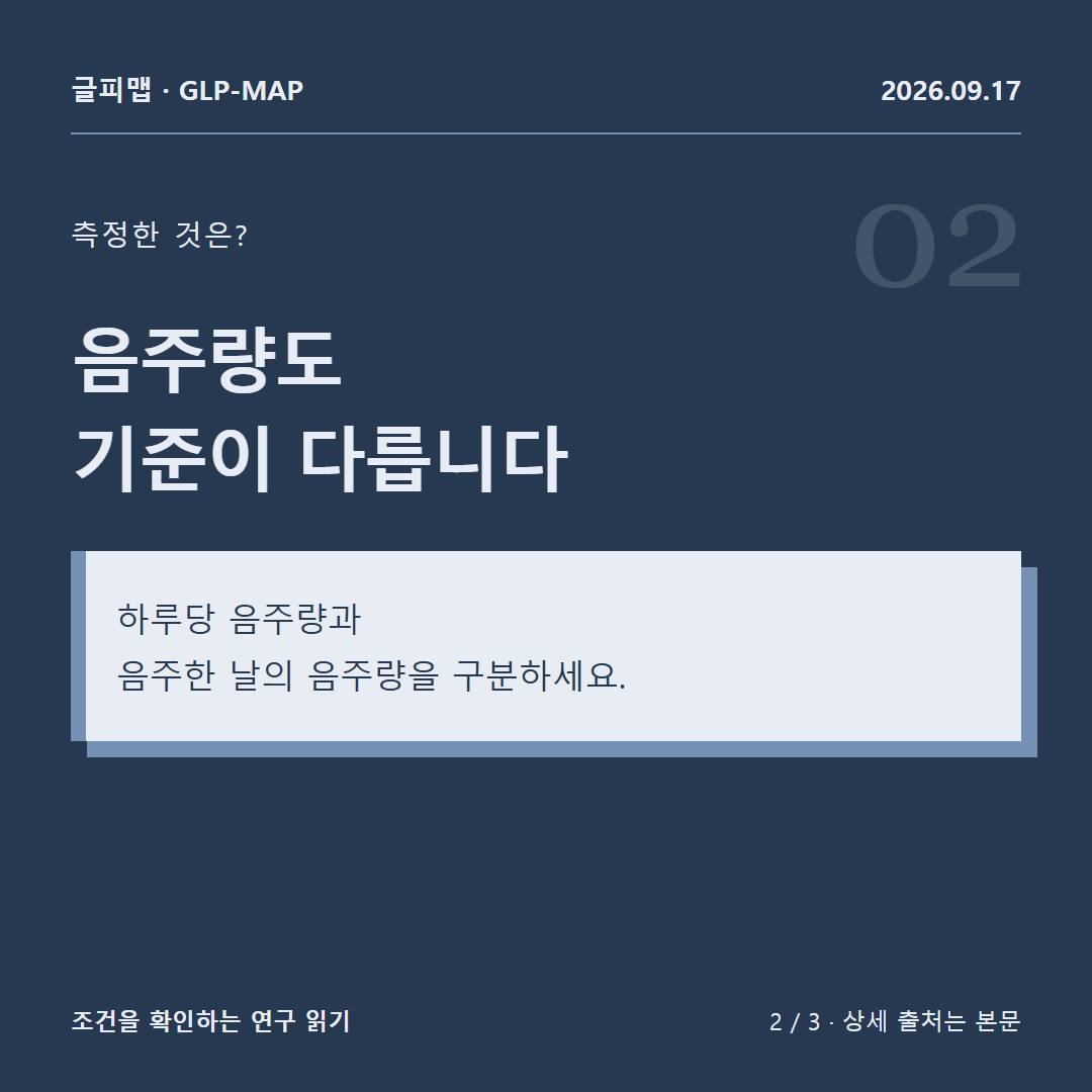 측정한 것은?: 음주량도 기준이 다릅니다: 하루당 음주량과 음주한 날의 음주량을 구분하세요.