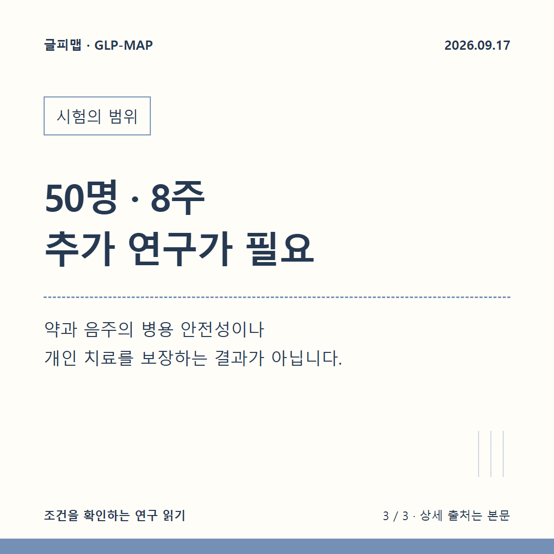 시험의 범위: 50명 · 8주 추가 연구가 필요: 약과 음주의 병용 안전성이나 개인 치료를 보장하는 결과가 아닙니다.