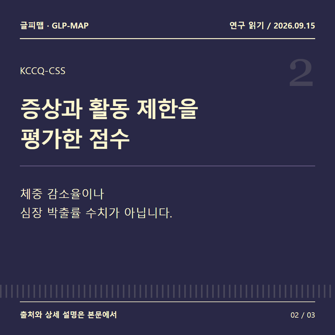 KCCQ-CSS: 증상과 활동 제한을 평가한 점수: 체중 감소율이나 심장 박출률 수치가 아닙니다.