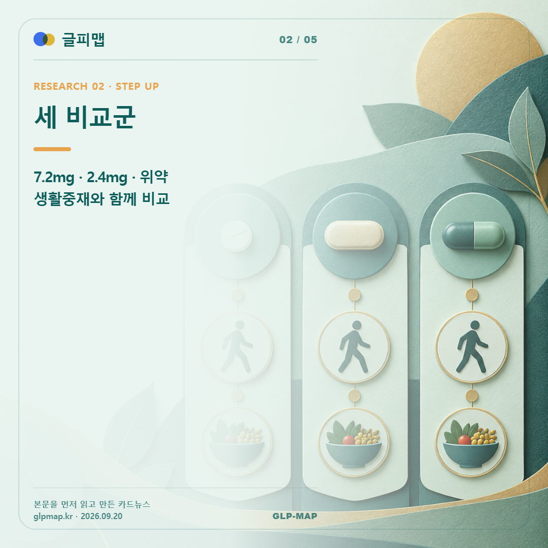 세 비교군. 7.2mg · 2.4mg · 위약 생활중재와 함께 비교