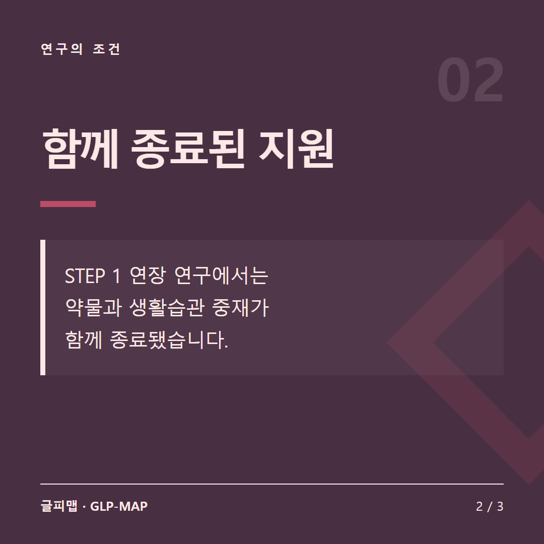 연구의 조건: 함께 종료된 지원. STEP 1 연장 연구에서는 약물과 생활습관 중재가 함께 종료됐습니다.