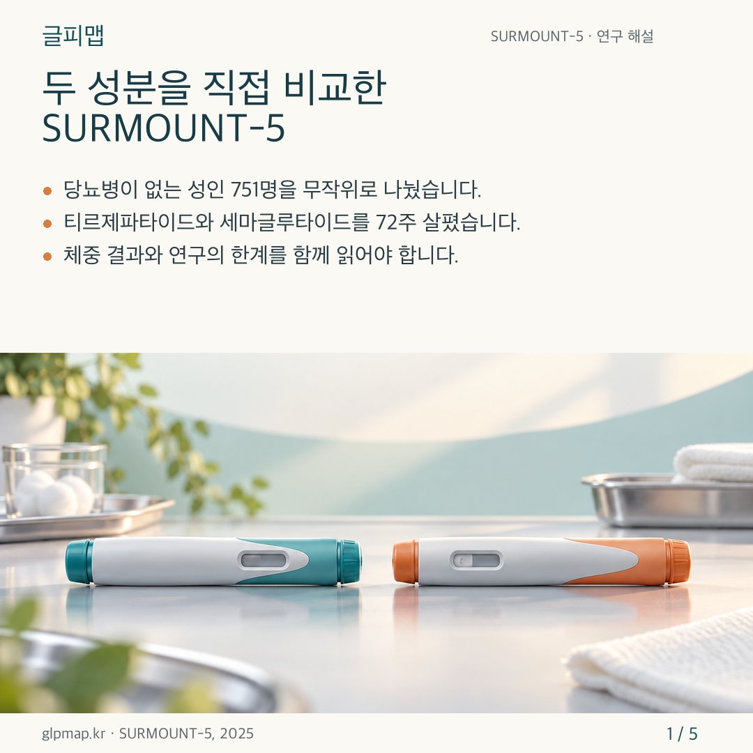 SURMOUNT-5에서 두 약 성분을 직접 비교한 연구를 소개하는 카드