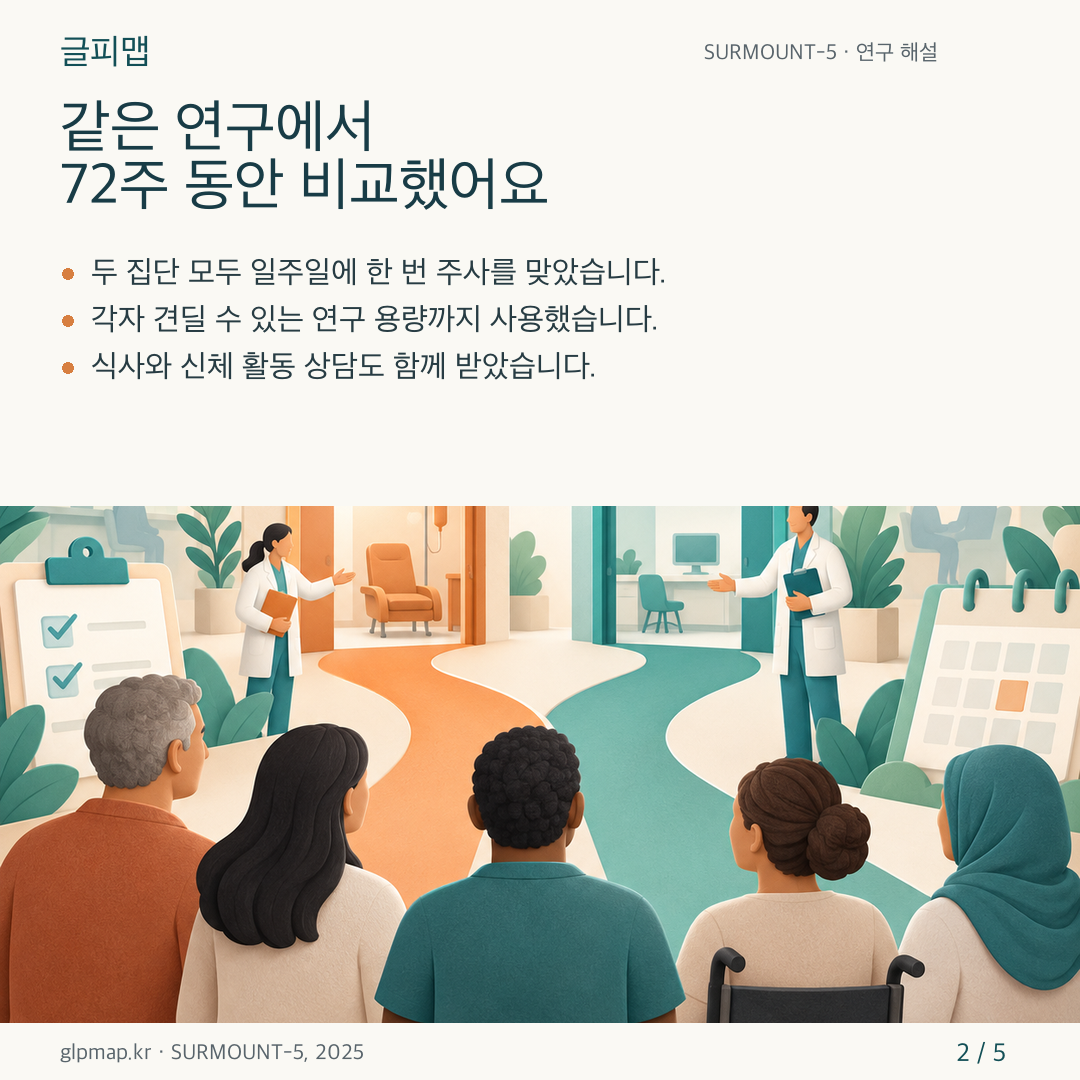 SURMOUNT-5의 참여 대상과 72주 연구 조건을 설명하는 카드