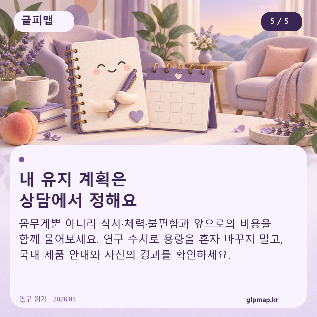 내 유지 계획은
상담에서 정해요. 몸무게뿐 아니라 식사·체력·불편함과 앞으로의 비용을 함께 물어보세요. 연구 수치로 용량을 혼자 바꾸지 말고, 국내 제품 안내와 자신의 경과를 확인하세요.