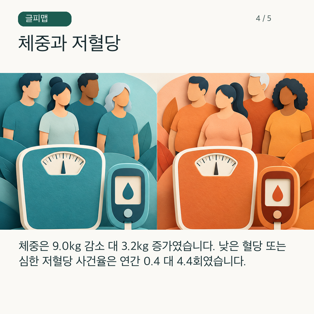 체중 변화와 저혈당 사건율을 분리해 비교하는 그림