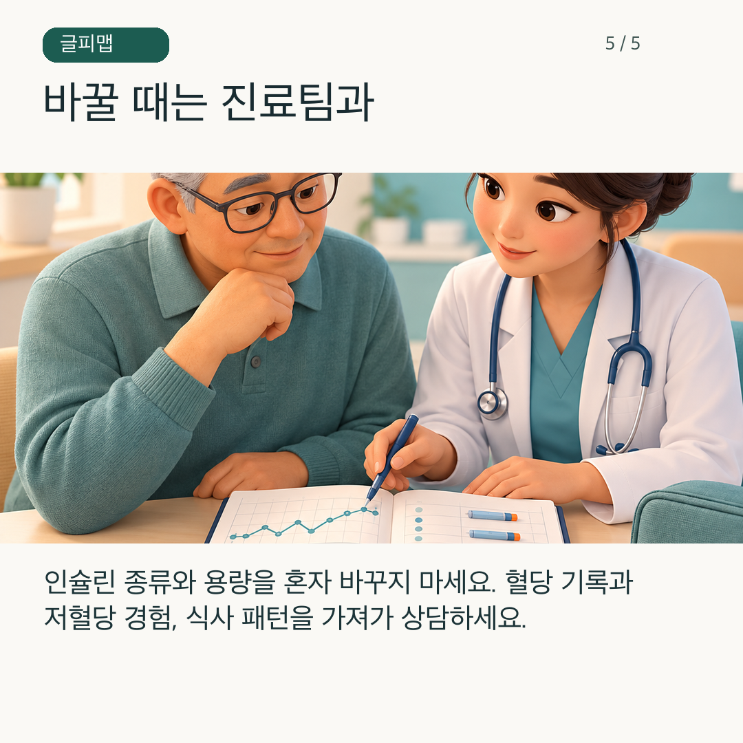 환자가 혈당 기록을 진료팀과 함께 확인하는 그림