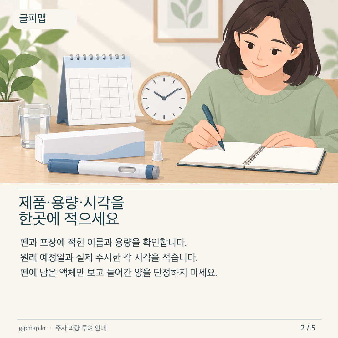 제품명 용량과 주사한 날짜 시각을 기록하는 카드