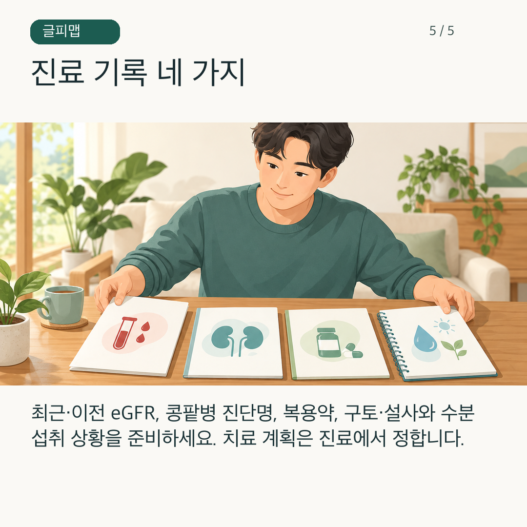 환자가 콩팥 검사와 약·증상 기록을 정리해 진료받는 그림
