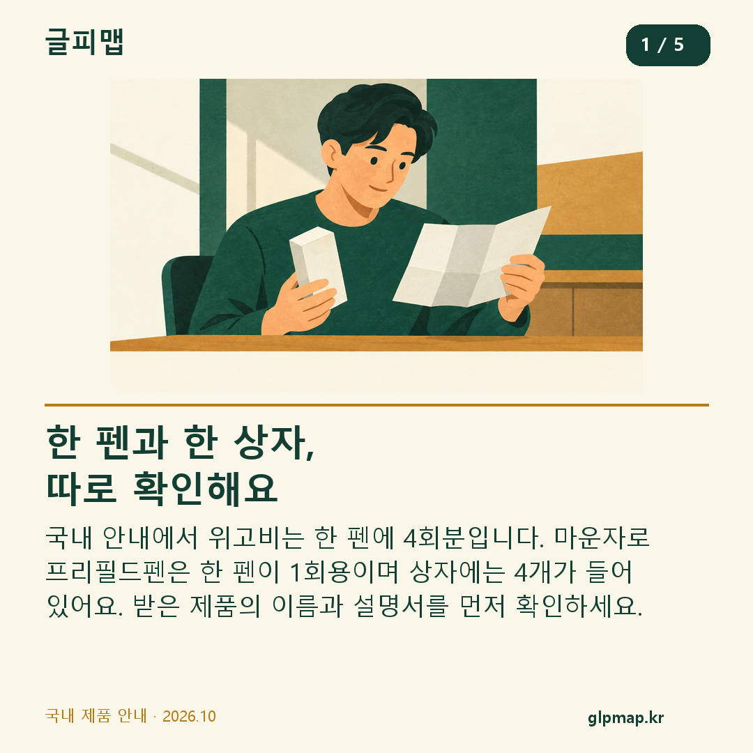 국내 제품 안내: 위고비 한 펜 4회분, 마운자로 프리필드펜 한 펜 1회분