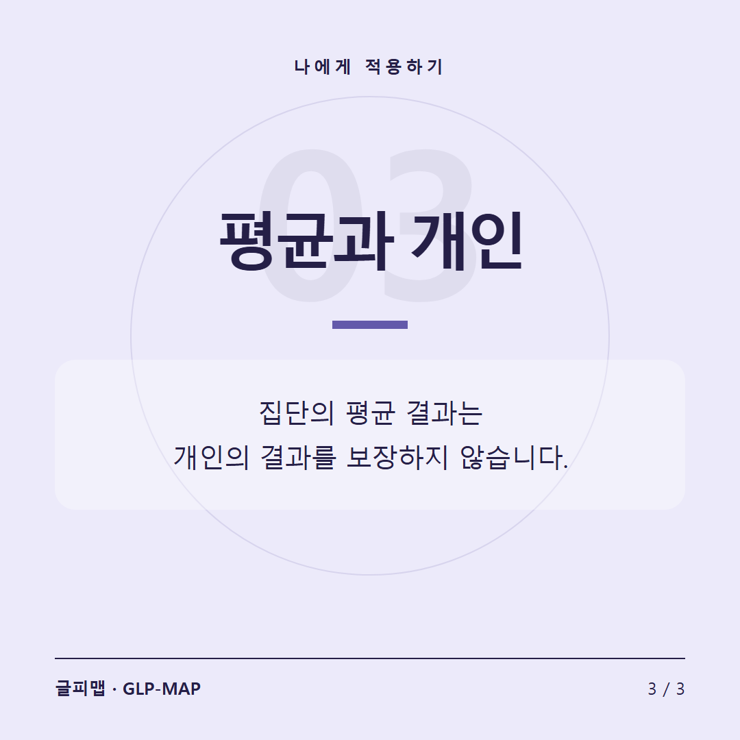 나에게 적용하기: 평균과 개인. 집단의 평균 결과는 개인의 결과를 보장하지 않습니다.