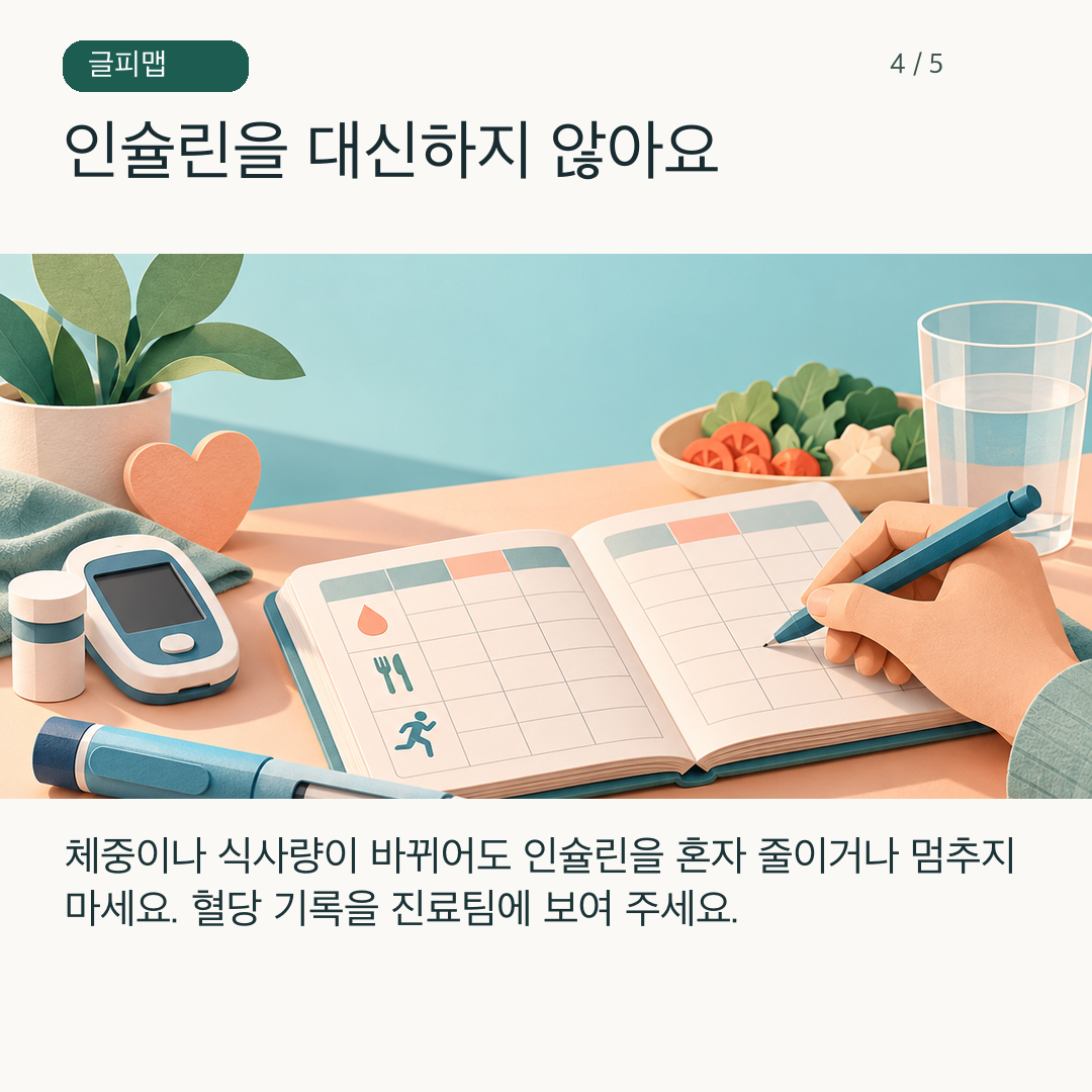 환자가 인슐린 기록과 혈당 기록을 함께 정리하는 그림