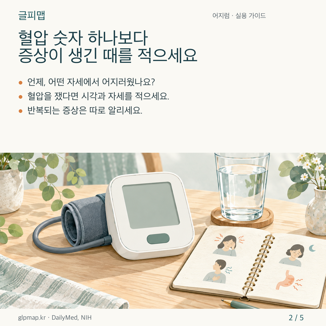혈압계와 증상 기록장으로 어지럼을 확인하는 카드