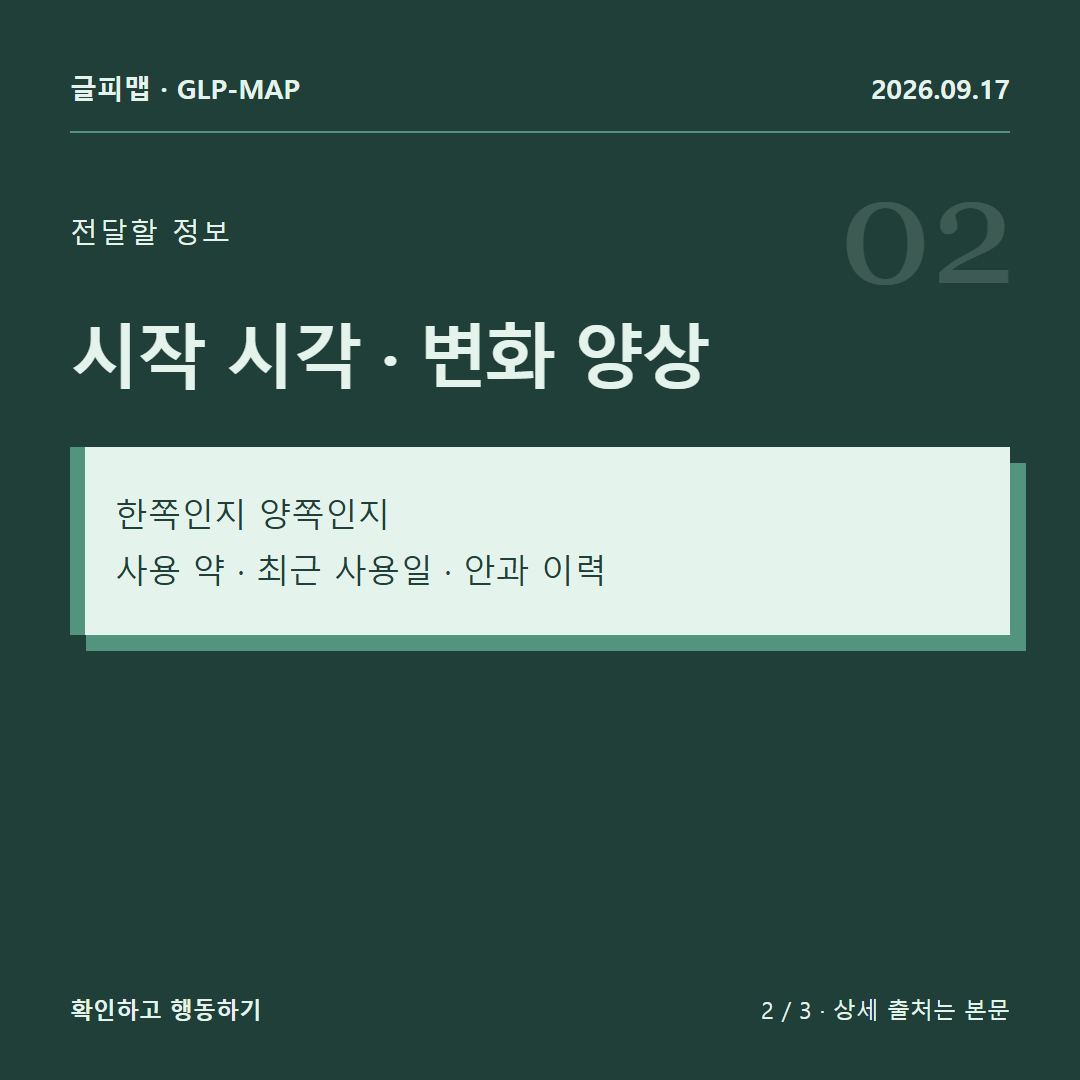 전달할 정보: 시작 시각 · 변화 양상: 한쪽인지 양쪽인지 사용 약 · 최근 사용일 · 안과 이력